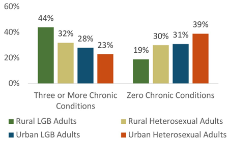 Three or more conditions: Rural LGB 44%; Rural Heterosexual 32%; Urban LGB 28%; Urban Heterosexual 23%. Zero conditions: Rural LGB 19%; Rural Heterosexual 30%; Urban LGB 31%; Urban Heterosexual 39%.