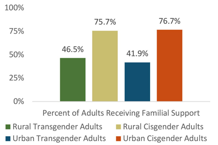 Percent of adults receiving familial support: Rural Transgender 46.5%; Rural Cisgender 75.7%; Urban transgender 41.9%; Urban Cisgender 76.7%.